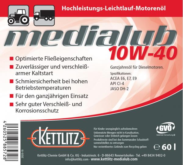 KETTLITZ-Medialub 10W-40 Hochleistungs-Leichtlauf Motorenöl API CI-4; ACEA, E6, E7, E9  - 60 Liter Fass